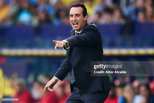 Unai Emery of Villarreal CF looks on during the LaLiga Santander match between Villarreal CF and UD Almeria at Ciutat de Valencia on October 23, 2022...