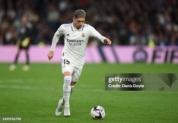 Federico Valverde of Real Madrid controls the ball during the LaLiga Santander match between Real Madrid CF and Sevilla FC at Estadio Santiago...