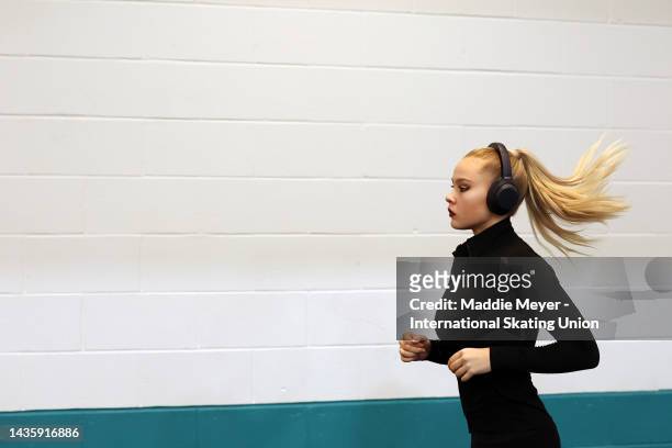 Loicia Demougeot of France warms up during the ISU Grand Prix of Figure Skating - Skate America at The Skating Club of Boston on October 23, 2022 in...