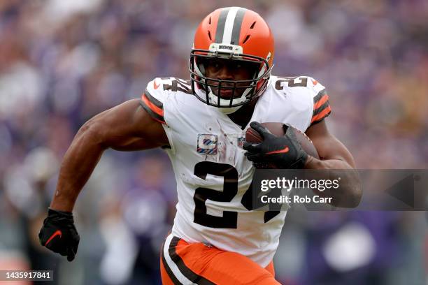 Nick Chubb of the Cleveland Browns rushes forward during the first quarter of the game against the Baltimore Ravens at M&T Bank Stadium on October...