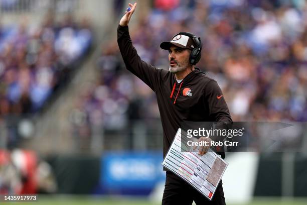Head coach Kevin Stefanski of the Cleveland Browns looks on during the first quarter of the game against the Baltimore Ravens at M&T Bank Stadium on...