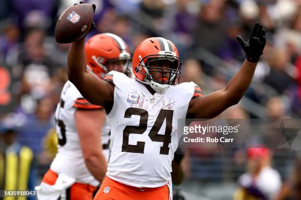 Nick Chubb of the Cleveland Browns celebrates after a touchdown during the first quarter of the game against the Baltimore Ravens at M&T Bank Stadium...