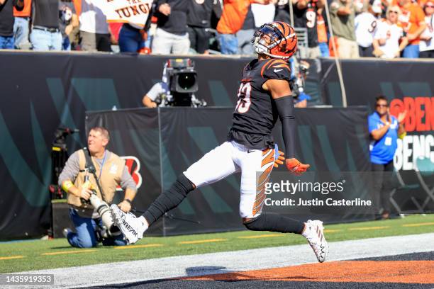 Tyler Boyd of the Cincinnati Bengals reacts after scoring a touchdown against the Atlanta Falcons during the first quarter at Paycor Stadium on...