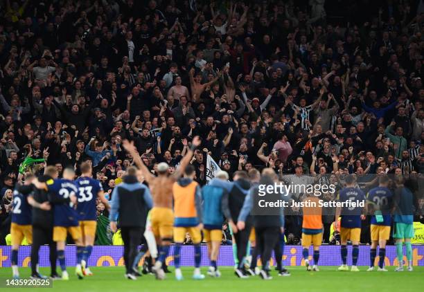 Newcastle United fans celebrate after their sides victory during the Premier League match between Tottenham Hotspur and Newcastle United at Tottenham...
