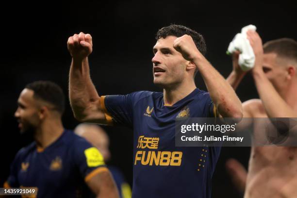 Fabian Schar of Newcastle United celebrates after their sides victory during the Premier League match between Tottenham Hotspur and Newcastle United...