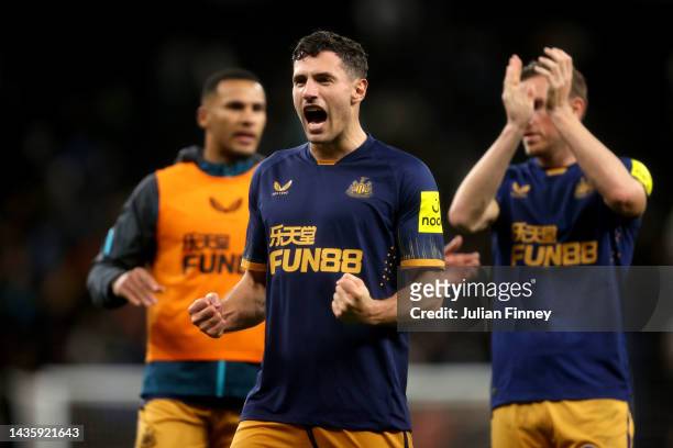 Fabian Schar of Newcastle United celebrates with the fans after their sides victory during the Premier League match between Tottenham Hotspur and...