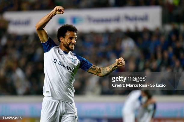 Felipe Anderson of SS Lazio celebrates a second goal during the Serie A match between Atalanta BC and SS Lazio at Gewiss Stadium on October 23, 2022...
