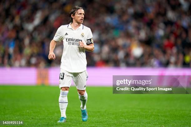 Luka Modric of Real Madrid looks on during the LaLiga Santander match between Real Madrid CF and Sevilla FC at Estadio Santiago Bernabeu on October...