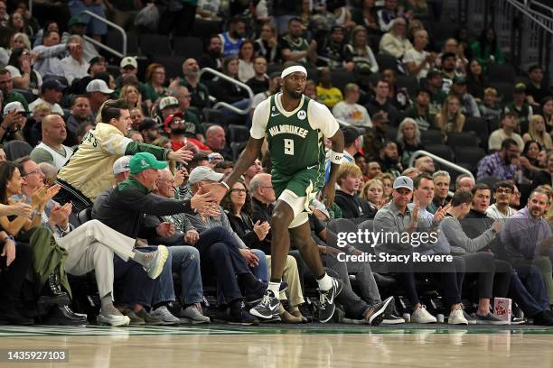 Bobby Portis of the Milwaukee Bucks reacts to a three point shot against the Houston Rockets during a game at Fiserv Forum on October 22, 2022 in...