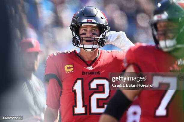 Tom Brady of the Tampa Bay Buccaneers stands on the sidelines in the first quarter against the Carolina Panthers at Bank of America Stadium on...