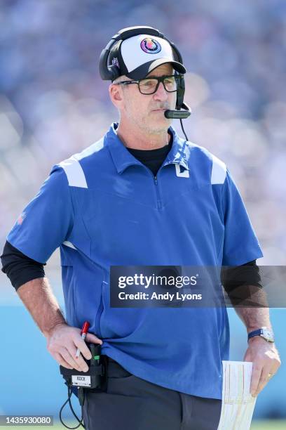 Head coach Frank Reich of the Indianapolis Colts looks on against the Tennessee Titans during the first half at Nissan Stadium on October 23, 2022 in...