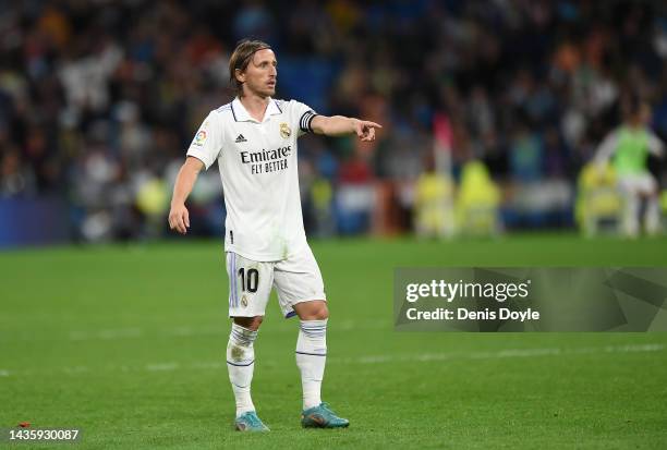 Luka Modric of Real Madrid reacts during the LaLiga Santander match between Real Madrid CF and Sevilla FC at Estadio Santiago Bernabeu on October 22,...