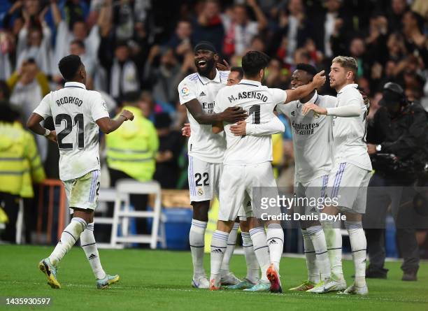 Lucas Vazquez of Real Madrid celebrates teammates after scoring their team's second goal after scoring their team's second goal during the LaLiga...