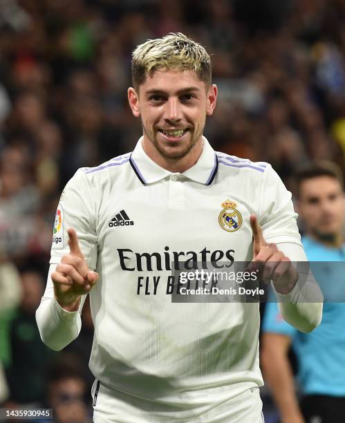 Federico Valverde of Real Madrid celebrates after scoring their team's third goal during the LaLiga Santander match between Real Madrid CF and...