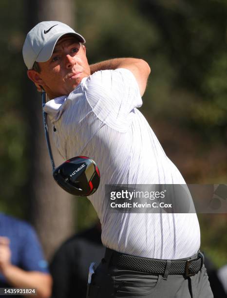 Rory McIlroy of Northern Ireland plays his shot from the fourth tee during the final round of the CJ Cup at Congaree Golf Club on October 23, 2022 in...