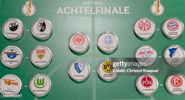 The drawing matches of the DFB Cup Draw round of 16 at Deutsches Fussballmuseum on October 23, 2022 in Dortmund, Germany.