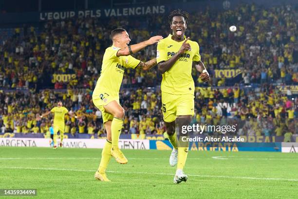 Nicolas Jackson of Villarreal CF celebrates after scoring their second side goal with Yeremi Pino of Villarreal CF during the LaLiga Santander match...