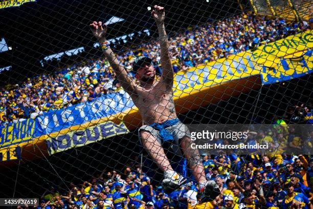 Fan of Boca Juniors cheers prior a match between Boca Juniors and Independiente as part of Liga Profesional 2022 at Estadio Alberto J. Armando on...