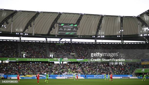 The scoreboard shows a record 21,287 fans for a ladies bundesliga match during the FLYERALARM Women's Bundesliga match between VfL Wolfsburg and...