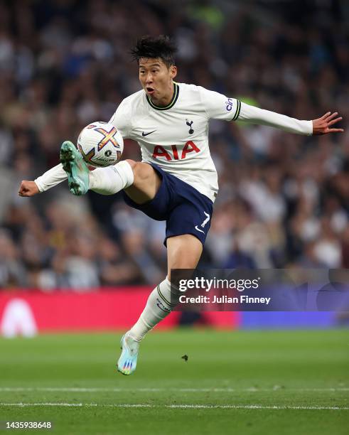 Son Heung-Min of Spurs in action during the Premier League match between Tottenham Hotspur and Newcastle United at Tottenham Hotspur Stadium on...