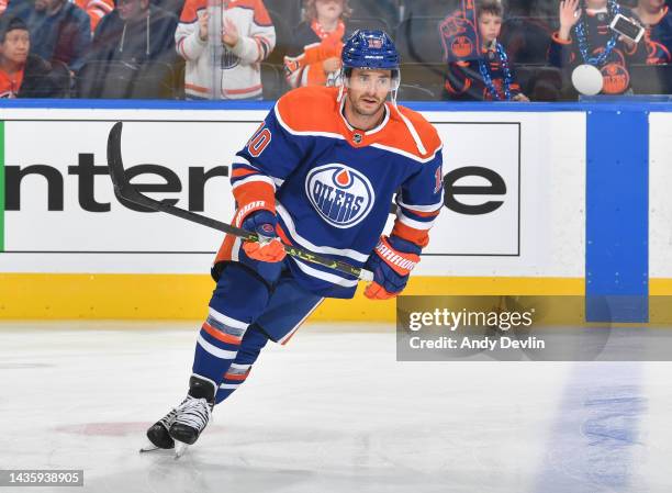 Derek Ryan of the Edmonton Oilers participates in the pre-game skate before the game against the St. Louis Blues on October 22, 2022 at Rogers Place...