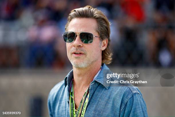 Brad Pitt looks on from the grid during the F1 Grand Prix of USA at Circuit of The Americas on October 23, 2022 in Austin, Texas.