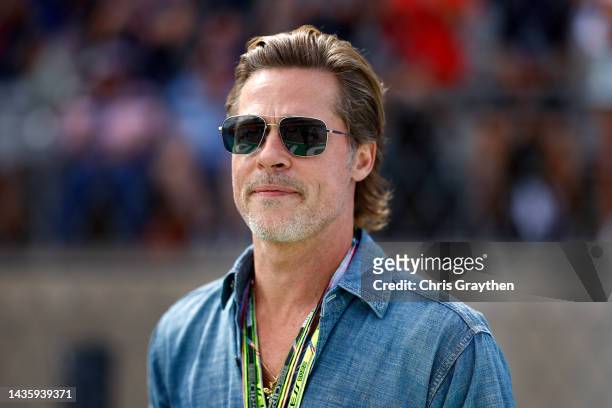 Brad Pitt looks on from the grid during the F1 Grand Prix of USA at Circuit of The Americas on October 23, 2022 in Austin, Texas.