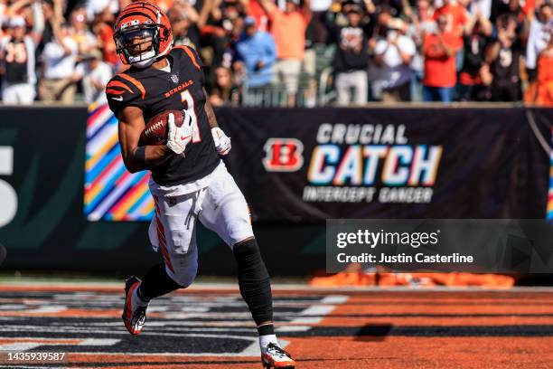 Ja'Marr Chase of the Cincinnati Bengals reacts after scoring a touchdown against the Atlanta Falcons during the second quarter at Paycor Stadium on...