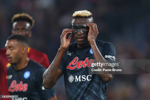 Victor Osimhen of Napoli reacts during the Serie A match between AS Roma and SSC Napoli at Stadio Olimpico on October 23, 2022 in Rome, Italy.