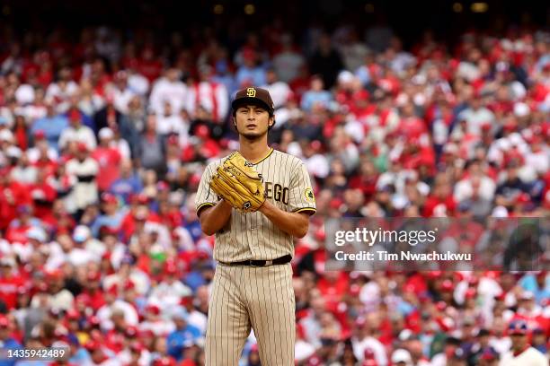 Yu Darvish of the San Diego Padres prepares to throw a pitch during the second inning against the Philadelphia Phillies in game five of the National...