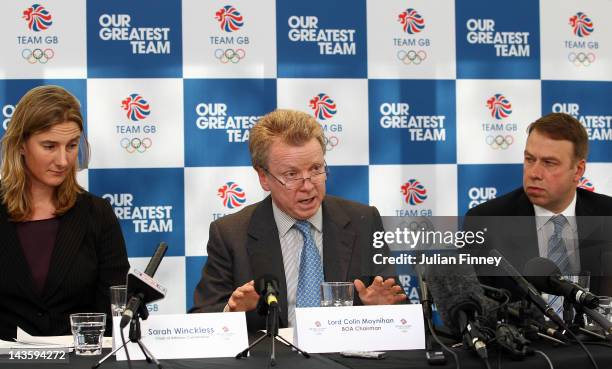 Sarah Winckless, Chair of Athletes Commission, Lord Colin Moynihan BOA Chairman and Andy Hunt, BOA Chief Executive Officer talk to the media after...
