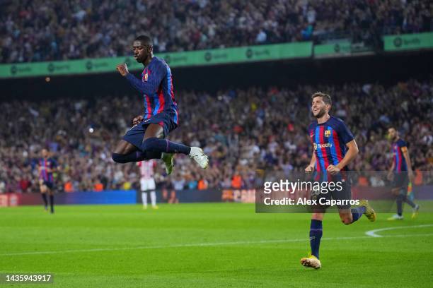 Ousmane Dembele of FC Barcelona celebrates after scoring their team's first goal during the LaLiga Santander match between FC Barcelona and Athletic...