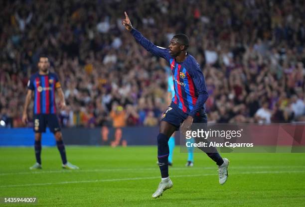 Ousmane Dembele of FC Barcelona celebrates after scoring their team's first goal during the LaLiga Santander match between FC Barcelona and Athletic...