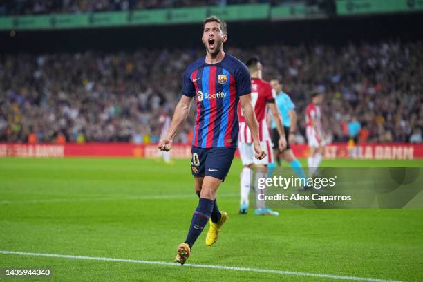 Sergi Roberto of FC Barcelona celebrates after scoring their team's second goal during the LaLiga Santander match between FC Barcelona and Athletic...