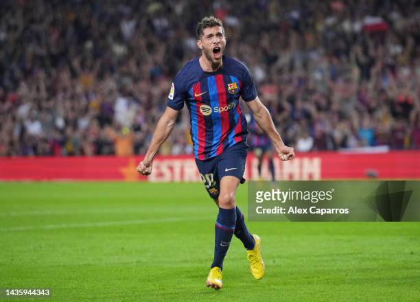 Sergi Roberto of FC Barcelona celebrates after scoring their team's second goal during the LaLiga Santander match between FC Barcelona and Athletic...