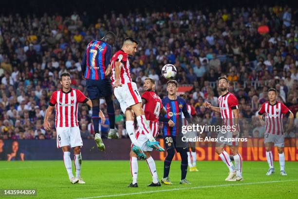 Ousmane Dembele of FC Barcelona scores their team's first goal during the LaLiga Santander match between FC Barcelona and Athletic Club at Spotify...