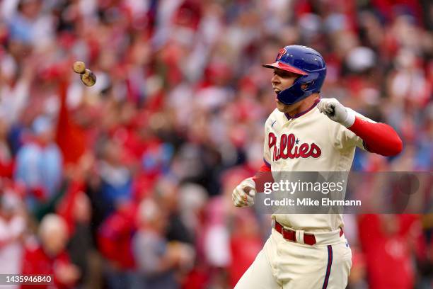 Rhys Hoskins of the Philadelphia Phillies celebrates a two run home run during the third inning against the San Diego Padres in game five of the...