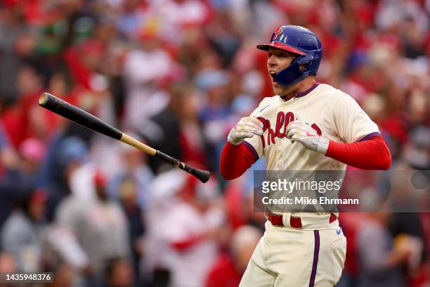 Rhys Hoskins of the Philadelphia Phillies celebrates a two run home run during the third inning against the San Diego Padres in game five of the...