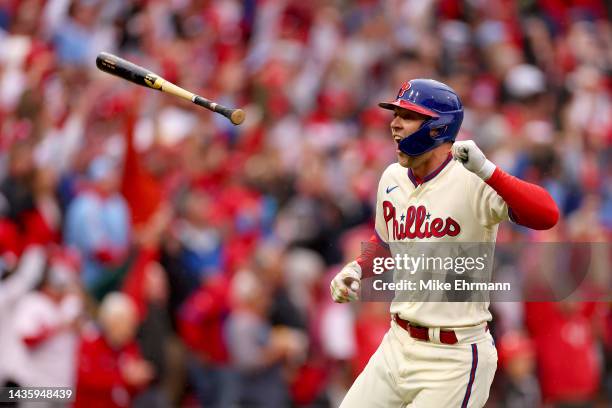Rhys Hoskins of the Philadelphia Phillies celebrates a two run home run during the third inning against the San Diego Padres in game five of the...