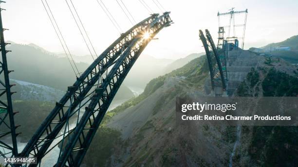 drone aerial view of chenab bridge, world's highest rail bridge in jammu & kashmir, india - bridge built structure fotografías e imágenes de stock