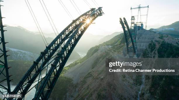 drone aerial view of chenab bridge, world's highest rail bridge in jammu & kashmir, india - ponte ferroviária imagens e fotografias de stock