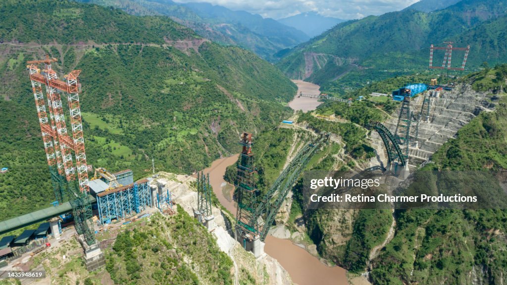 Drone Aerial View of Chenab Bridge, World's Highest Rail Bridge in Jammu & Kashmir, India