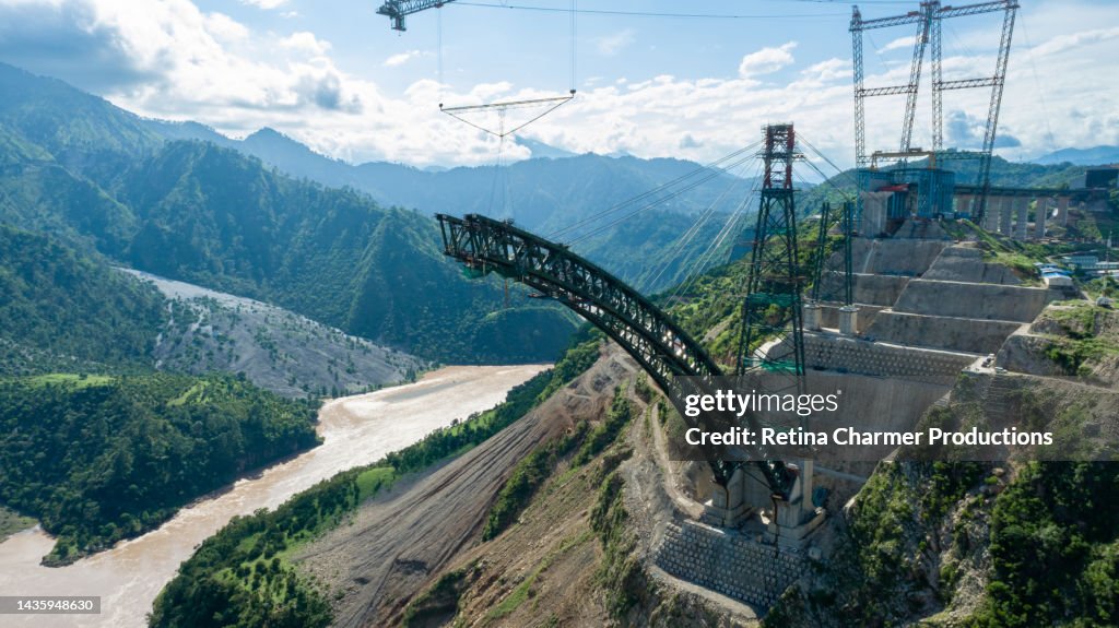 Drone Aerial View of Chenab Bridge, World's Highest Rail Bridge in Jammu & Kashmir, India