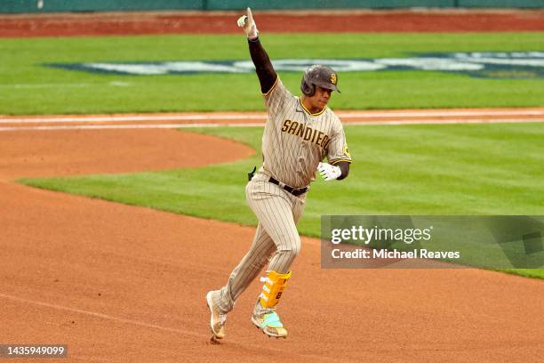 Juan Soto of the San Diego Padres runs the bases following a solo home run against the Philadelphia Phillies during the fourth inning in game five of...