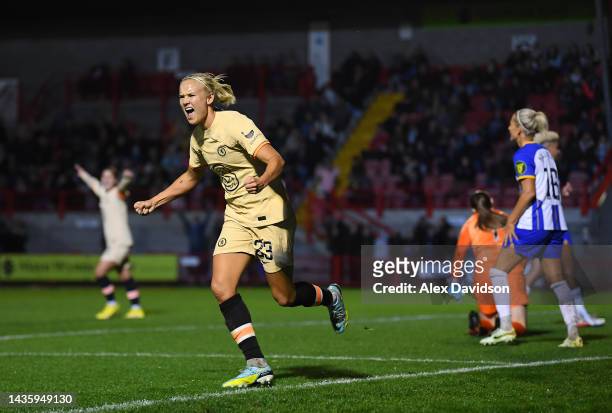 Pernille Harder of Chelsea celebrates after scoring their team's second goal during the FA Women's Super League match between Brighton & Hove Albion...