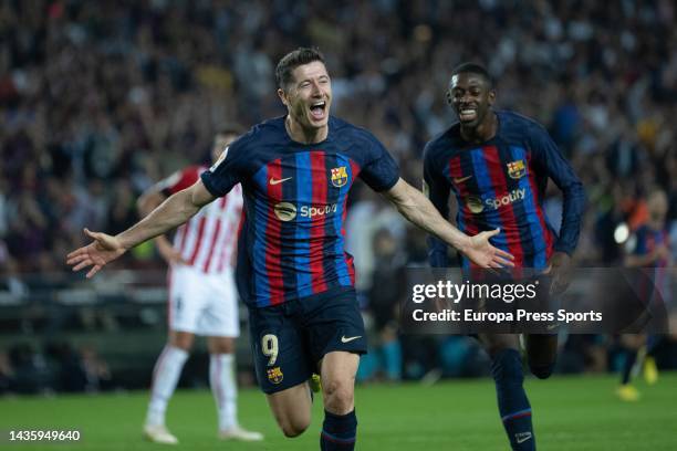 Robert Lewandowski of FC Barcelona celebrating a goal during spanish league, La Liga Santander, football match played between FC Barcelona and...