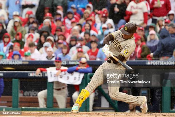 Juan Soto of the San Diego Padres hits a home run during the fourth inning against the Philadelphia Phillies in game five of the National League...