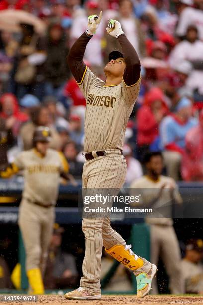 Juan Soto of the San Diego Padres celebrates a home run during the fourth inning against the Philadelphia Phillies in game five of the National...