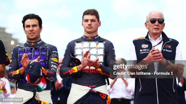 Sergio Perez of Mexico and Oracle Red Bull Racing, Max Verstappen of the Netherlands and Oracle Red Bull Racing and Red Bull Racing Team Consultant...