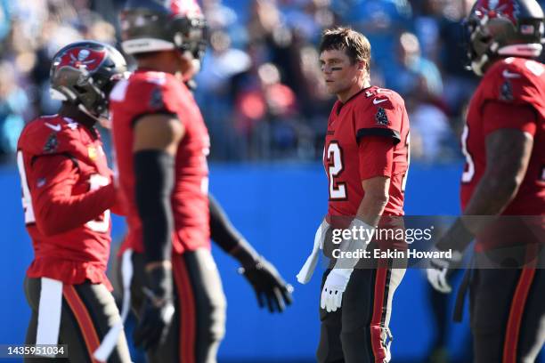 Tom Brady of the Tampa Bay Buccaneers talks off the field after a failed 4th down attempt in the fourth quarter against the Carolina Panthers at Bank...